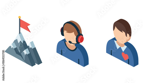 Isometric icons: mountain, male customer support, young adult caucasian