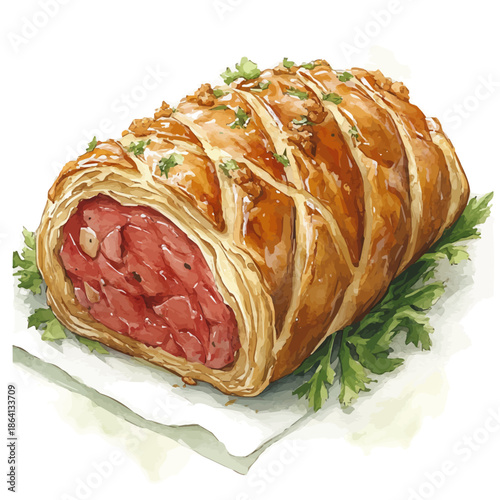 watercolor of Beef Wellington illustration graphic, isolated on a white background.
