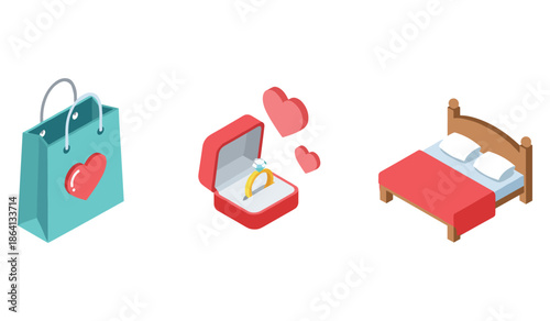 Shopping bag with heart, ring box, and red bed illustrations
