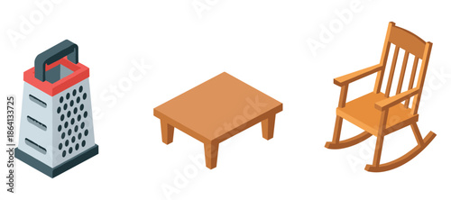 Kitchen grater, wooden table, and rocking chair on white background