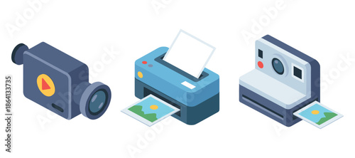 Isometric video camera, printer, and polaroid camera icons