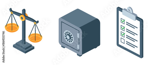 Justice balance safe compliance checklist symbols in isometric design