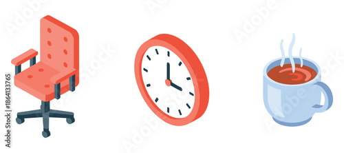 Isometric office chair, wall clock, and coffee cup icon set