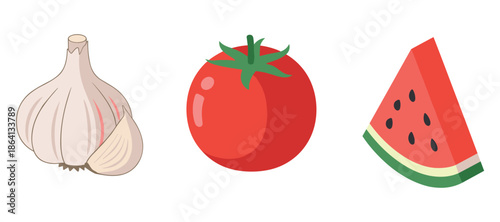 Garlic, tomato, and watermelon illustration - fresh produce collection