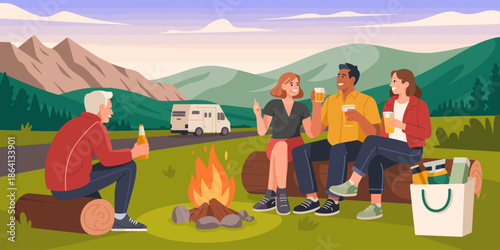 A group of friends gather around a campfire in a picturesque outdoor setting, enjoying drinks and each other's company amidst mountains and greenery.