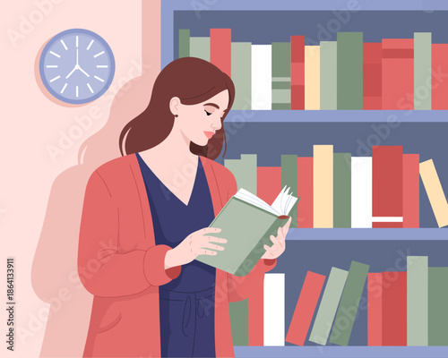 A thoughtful woman in a cozy setting reads a book in front of a colorful bookshelf, embodying the joy of learning and discovery in a serene, inviting environment.