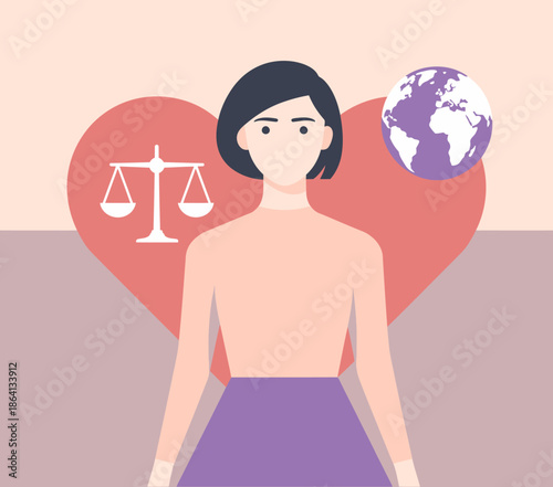 This stylized illustration features a young woman standing with symbols of balance and love in the backdrop, articulating a message of harmony, global connection, and inner peace.