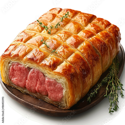 Beef Wellington, watercolor clipart showcasing whimsical details and harmonious color flow, isolated on a white background.