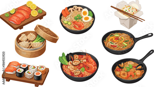 Assorted Asian Cuisine Vector Set Featuring Sushi Rolls Salmon Sashimi Dim Sum Ramen Noodles Stir Fry and Seafood Soup for Japanese and Chinese Restaurant Menus
