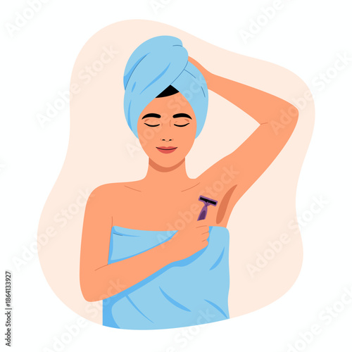 This illustration captures a woman undergoing a personal care routine, highlighting self-care and grooming with razors, towels, and tranquility. Perfect for beauty and wellness themes.