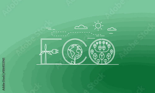 A minimalist illustration showcasing eco-friendly energy concepts with the Earth, wind turbines, and trees, promoting sustainability and environmental awareness for a better future.