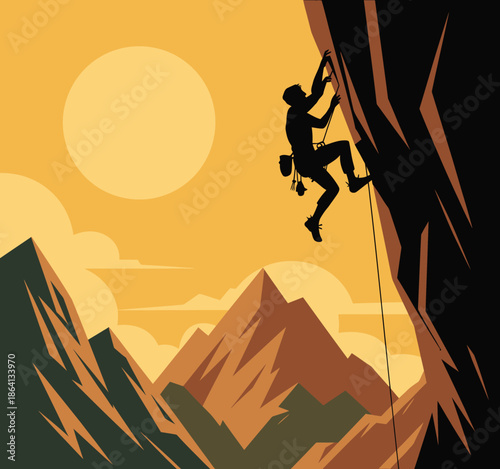 A determined climber is depicted scaling a steep mountain against a breathtaking sunset backdrop, emphasizing adventure, challenge, and exploration in nature.