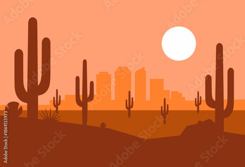 A serene desert landscape featuring iconic saguaro cacti with a city skyline in the background, illuminated by a warm orange sunset, creating a striking urban-nature contrast.