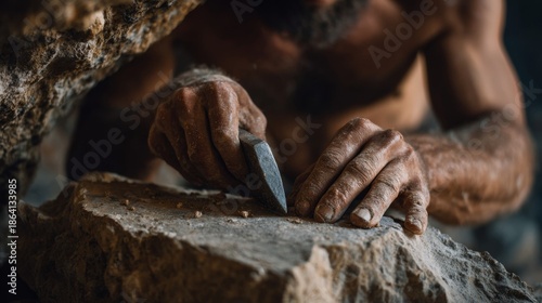 caveman sharpening his spear with a stone in ancient times