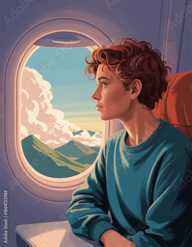 This evocative illustration shows a thoughtful young individual looking out an airplane window, reflecting a moment of contemplation and wonder while observing cloud-covered mountains below.