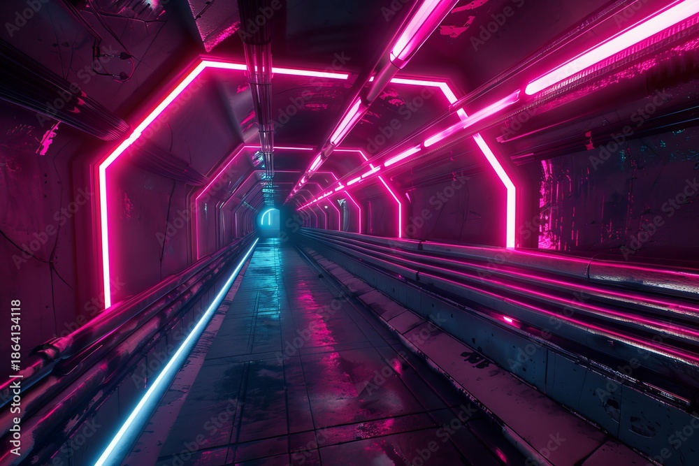 Fototapeta premium Wet floor reflecting pink and blue neon lights in futuristic tunnel