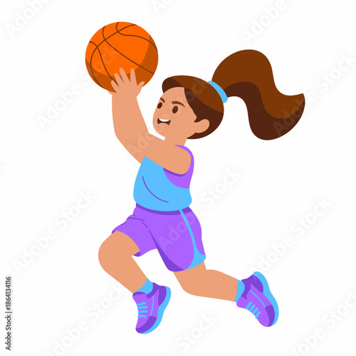 An energetic young girl leaps towards the basket with a basketball, showcasing determination and athleticism in a fun and vibrant sporting atmosphere.