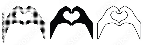 Hands forming a heart gesture in three distinct graphic styles depicting love and affection