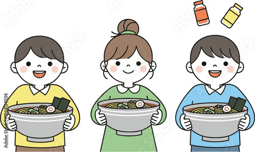 Happy Cute Children Group Holding Large Ramen Noodle Bowls with Japanese Cuisine Style Illustration for Kids Menu Food Delivery and Restaurant Marketing Graphics