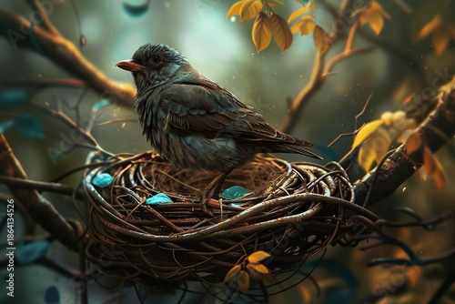 Beautiful dark bird standing in its nest on a tree branch during a sunny autumn day