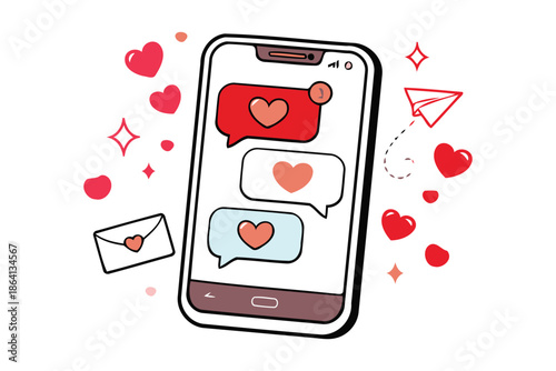 smartphone showing love messages and hearts,online romance chat