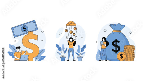 Passive income vector illustration set financially independent, debt-free people planning budgets and enjoying freedom