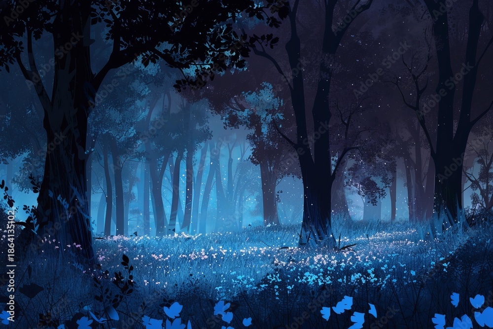 Obraz premium Magical blue forest glowing at night with fireflies lighting up the meadow