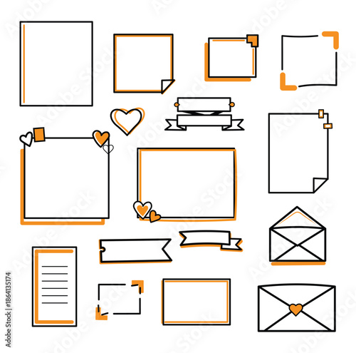 A collection of hand-drawn doodle frames, banners, envelopes, and borders for journaling