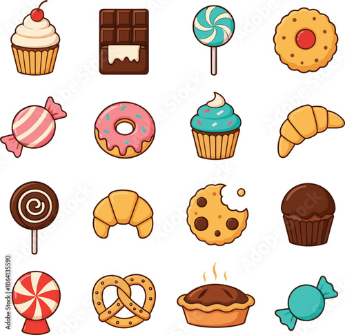 Sweet dessert and candy vector icon set featuring cupcakes, donuts, cookies, chocolate, pastries, and confectionery treats
