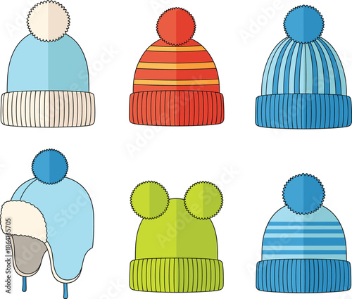 Winter knit beanie hat vector set featuring colorful warm caps with pom pom designs for cold weather fashion