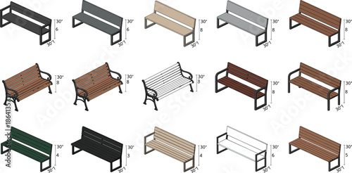 Park bench and outdoor seating vector set featuring wooden and metal benches with dimensional design variations
