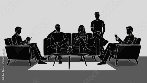 Group of people sitting in a modern lounge area discussing ideas.