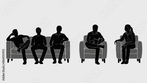Silhouettes of people sitting on sofas in a waiting room.