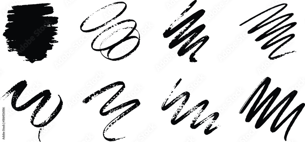 Obraz premium Bold Black Brush Strokes Seamless Pattern, Hand Drawn Ink Scribbles and Lines, Modern Minimalist Abstract Marks, Black and White Brush Texture Design.