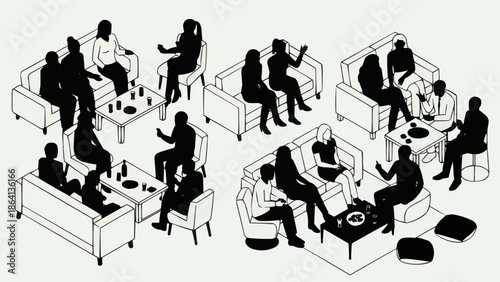 Group of people sitting in a modern lounge area discussing ideas.