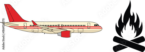 Airplane fire hazard vector illustration featuring aircraft safety warning, aviation emergency symbol, and danger concept design