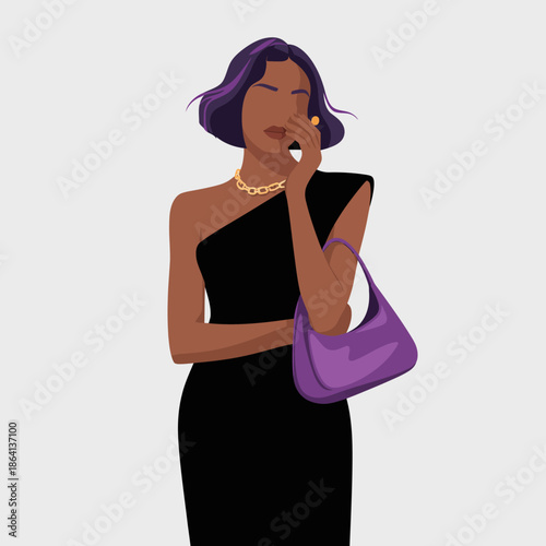 A fashionable woman poses confidently in a chic black dress and stylish handbag, reflecting modern elegance and sophistication for fashion-focused themes.