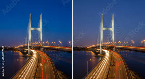 Stunning long exposure photograph of a modern cable-stayed bridge at night with vibrant car light trails over water.