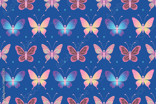 Seamless colorful butterfly pattern on deep blue background Fantasy pastel butterflies seamless pattern with decorative wings Cute glowing butterfly repeat pattern in vibrant colors
