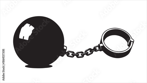 Shackles and gyves with a chain and heavy metal ball, symbolizing imprisonment, encumbrance, or debt. Vector illustration..eps