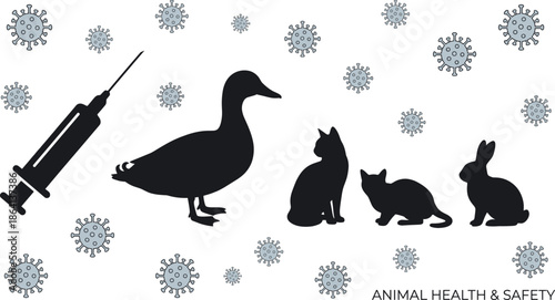 Animal Health and Safety Concept with Silhouettes of Duck Cat and Rabbit Near Vaccine Syringe and Virus Cells for Veterinary Prevention