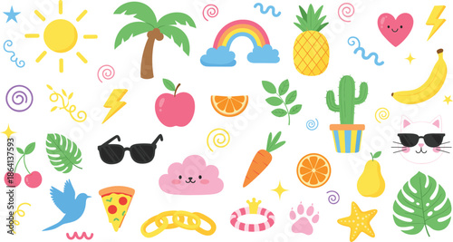 Cute summer doodle elements set with fruits plants animals icons colorful cartoon vector illustration collection playful