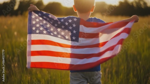 Child proudly holding the vibrant american flag under golden sunlight, suitable for patriotic designs, independence day, and national pride concepts.
