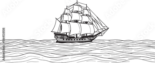 Sailing ship with multiple masts isolated on transparent background