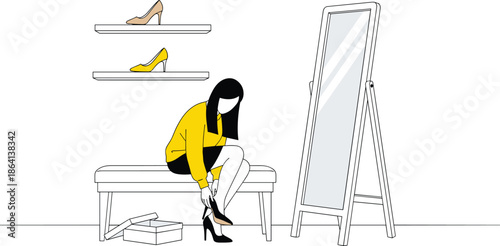 Fashion, woman, trying, shoes, illustration, retail, boutique, shopping, footwear, fitting, mirror, lifestyle, style, elegance, modern, interior, design, concept, scene, fashionable