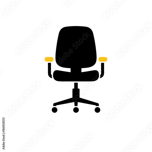 Bold vector illustration of a contemporary black office chair with bright yellow armrests, symbolizing professional comfort, style, and productivity in workspace
