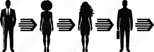 Black and White Silhouette Illustration of Diverse Professional Business People Standing in Line with Directional Arrows Representing Career Progress and Growth