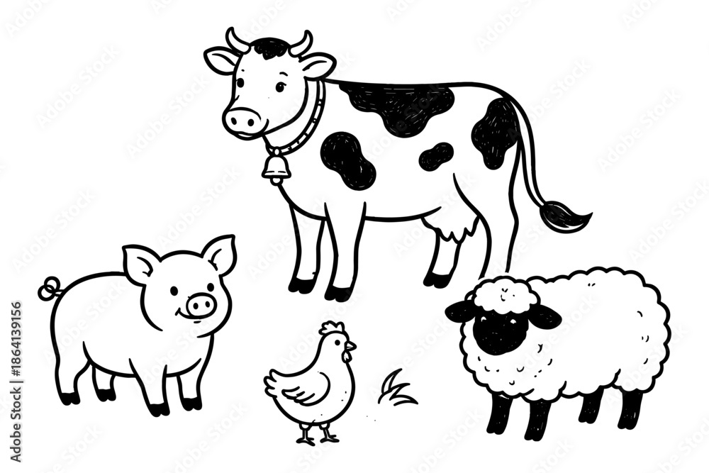 Fototapeta premium Black and white farm animals in doodle style: cow, pig, sheep, chicken