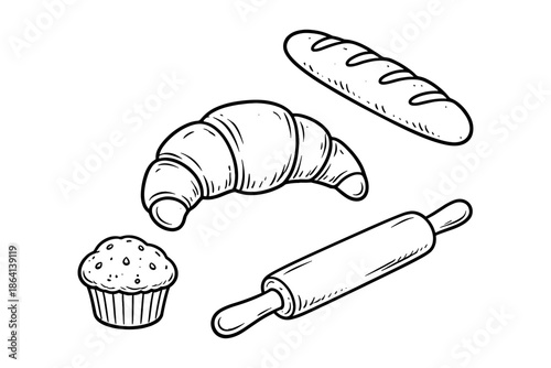 Hand drawn bakery goods: croissant, baguette, muffin, rolling pin sketch