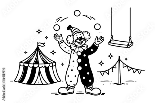 Cheerful clown juggling in circus scene with tent and trapeze in black and white cartoon style